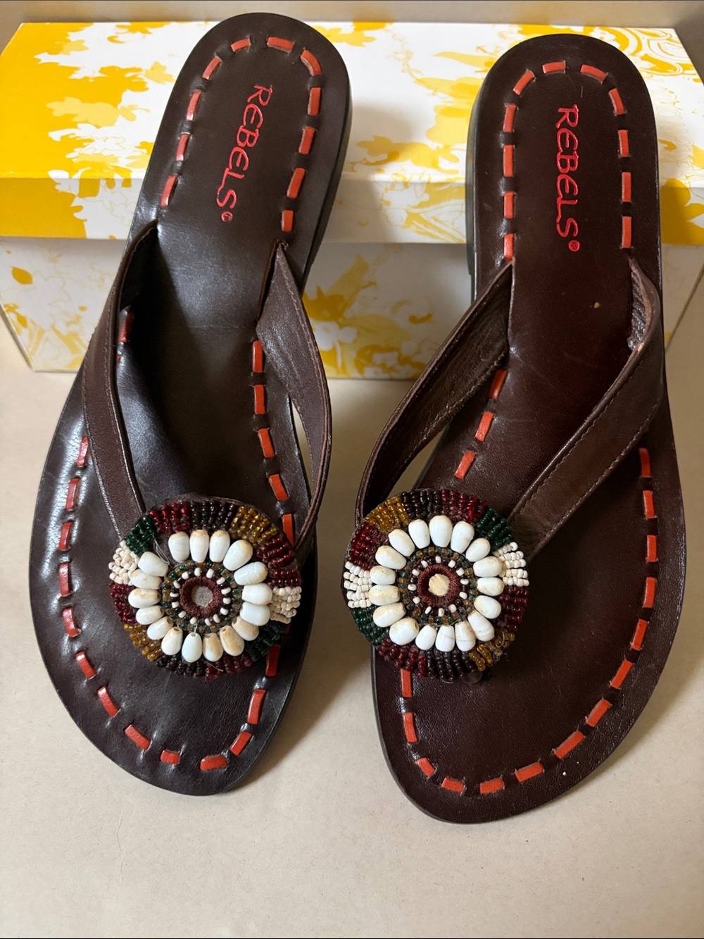 Rebels Brown Beaded Medallion Thong Sandals